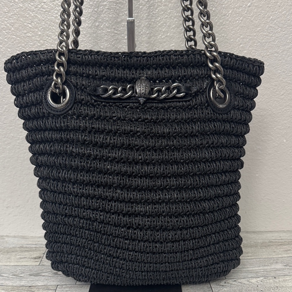 Kurt Geiger Chelsea Black Raffia Tote Bag with Chain Handles